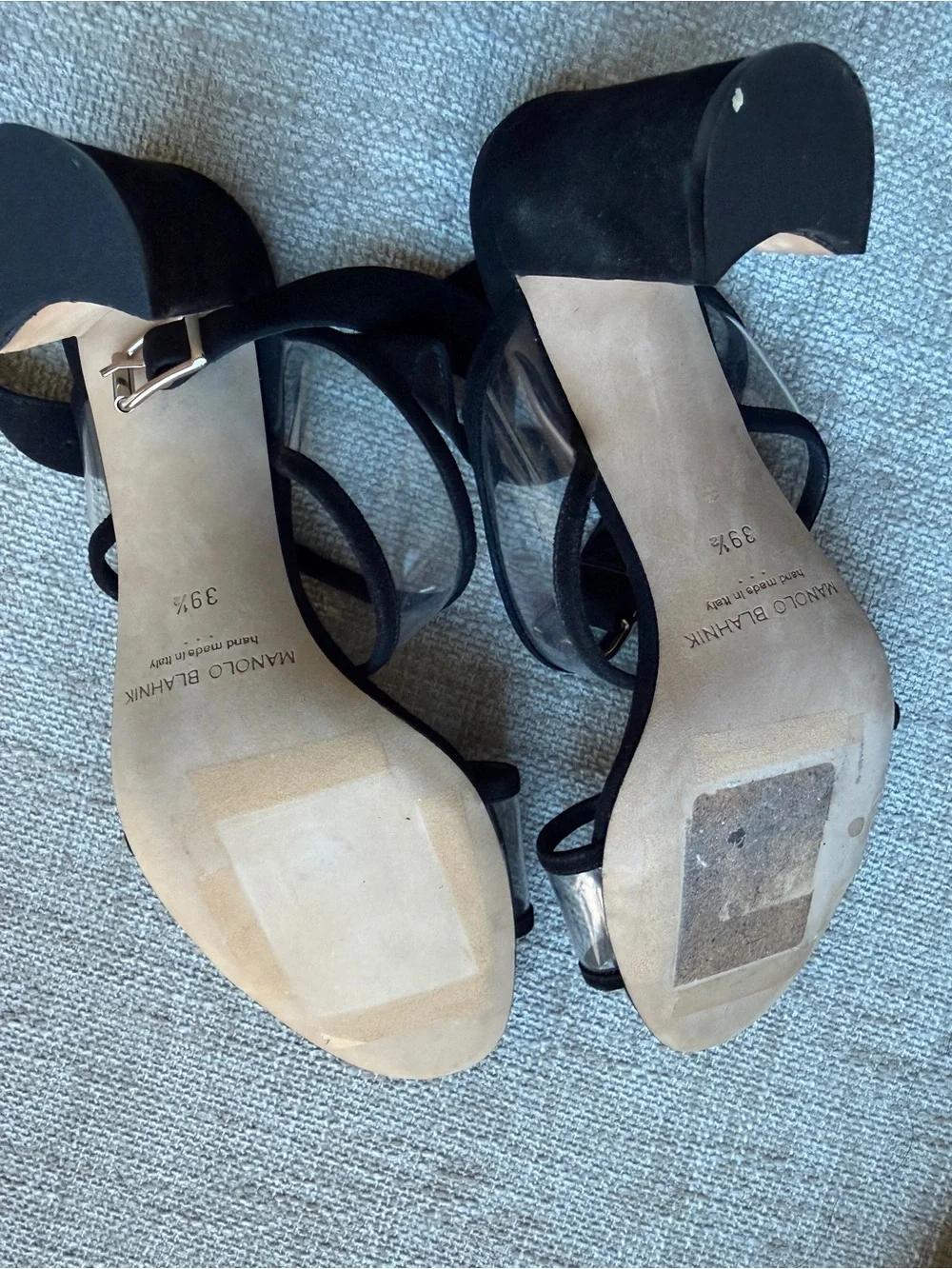 Manolo Blahnik Black Suede and Clear Strap Heeled Sandals